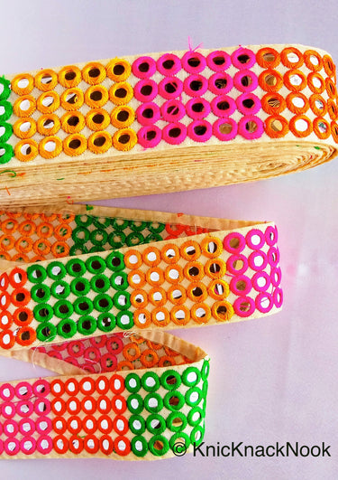 Wholesale Beige Fabric Mirrored Trim With Green, Orange, Yellow And Pink Embroidery With Mirrors